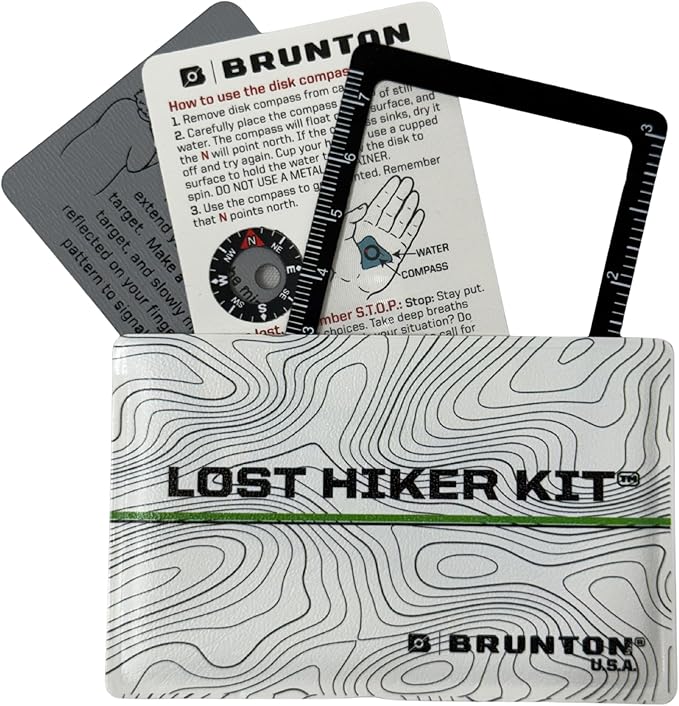 Brunton Lost Hiker Kit, Credit-Card-Size 4-in-1 Survival Tool — Disc Compass, Fresnel Magnifier, Signal Mirror & Emergency Info Card for Hiking, Backpacking, Camping & EDC