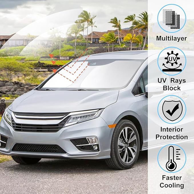 Windshield Sun Shade Custom Fit 2018-2024 2025 2026 Honda Odyssey Accessories LX,EX,EX-L,Touring,Elite Minivan Front Window Sunshade Covers Blocks Sun Rays & Heat