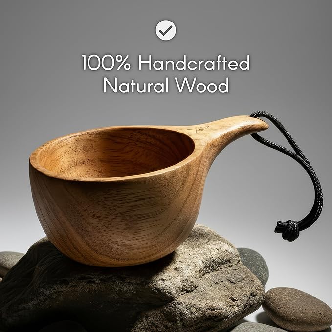überleben | Lore Kuksa Wooden Cup – Handcarved 12oz Coffee Mug, Bowl with Lanyard & Carabiner – Lightweight Camping Essentials & Traditional Nordic Bushcraft Gear