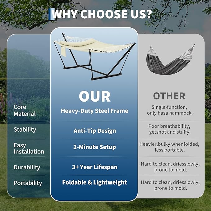 Garvee﻿ 2 Person Hammock with Stand for Outside, Double Hammock with Stand and Pillow, Max 450 Lbs Capacity with Balance Rope, Large Hammock for Outdoor Patio Backyard Poolside