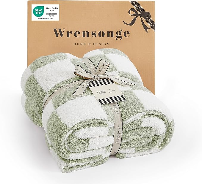 WRENSONGE Checkered Throw Blanket, Sage Green Soft Cozy Fluffy Hand Made Throw Blankets for Couch, Sofa, Chair, Bed, Camping, Picnic, Travel Lightweight Bed Blankets for Women Mothers Birthday Gifts
