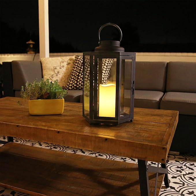 Alpine Corporation 14" Tall Outdoor Hexagonal Battery-Operated Metal Lantern with LED Lights, Black