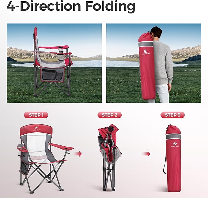 ALPHA CAMP 2PC Oversized Mesh Back Camping Folding Chair Heavy Duty Support 350 LBS Collapsible Steel Frame Quad Chair Padded Arm Chair with Cup Holder Portable for Outdoor (Red-2PC)