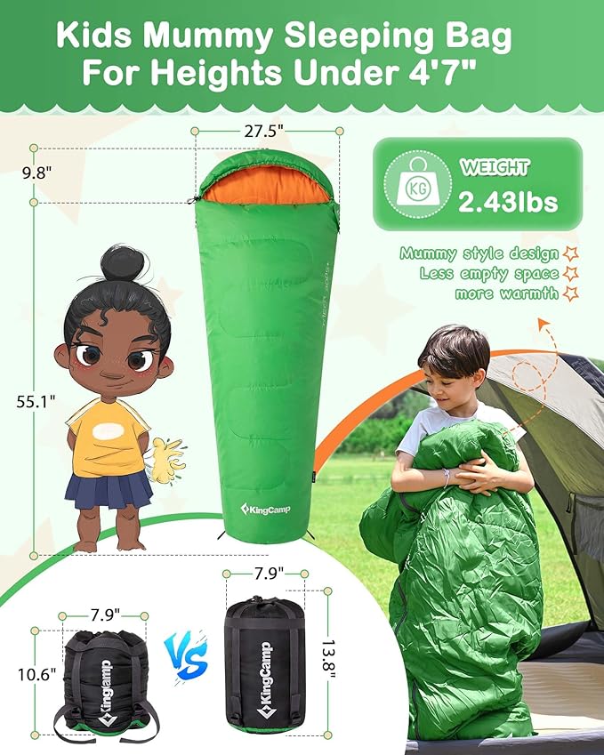 KingCamp 45°F Kids Sleeping Bag, Lightweight Waterproof & Compact Flannel Sleeping Bags Cold Weather & Warm Youth Essentials Gear Accessories for Camping, Fits 10-12 Children up to 4'7"-5'5" Tall