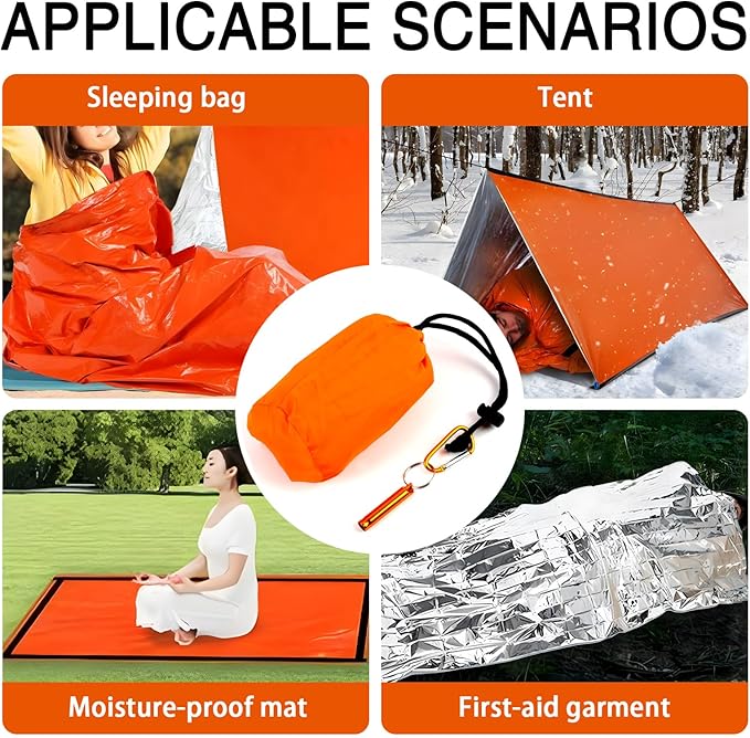 Emergency Sleeping Bags for Survival with Carabiner, 84"X36" Outdoor PE Orange Emergency Sleeping Bag, Ideal for Sudden Snowstorm During Camping, Providing Warmth to Survivors in Disaster Area