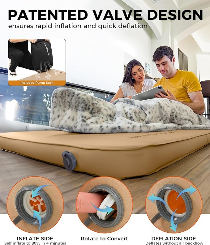 KingCamp Self Inflating Sleeping Pad, 6" Ultra Thick R 15.5 Air & Foam Camping Mattress 2 Person, Full Size Double Sleeping Pad for Camp Tent Outdoor Car, PVC Free (Khaki)
