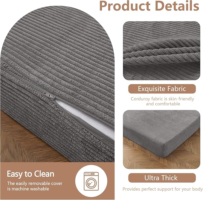 BYBYME Tri-Folding Corduroy Mattress, 6 Inches Gel Folding Mattress Topper, Foldable Soft Guest Bed Camping Pad, Washable Cover (Grey, Twin)