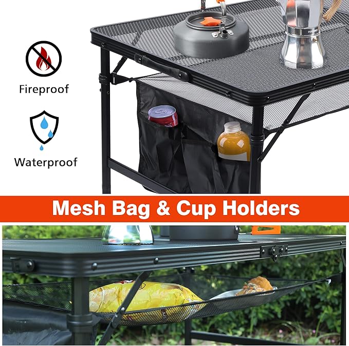 JOUYEK Folding Grill Table, 4x2 FT Portable Camping Table, Lightweight Height Adjustable Metal Tables with Mesh Desktop and Mesh Bag, Outdoor Tables for Camping, Picnic, Beach and BBQ, Black
