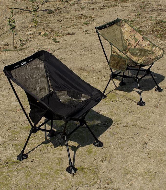 iClimb Ultralight Compact Camping Folding Beach Chair with Anti-Sinking Large Feet and Back Support Webbing (Black - Square Frame)