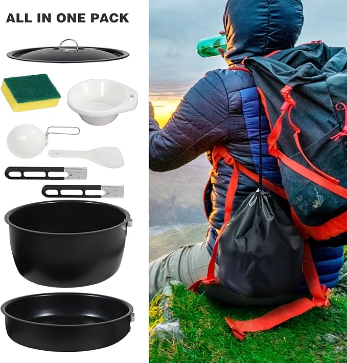 REDCAMP Camping Cookware Mess Kit with Folding Handle, Lightweight Non-Stick Camping Cooking Pot and Frying Pan with Mesh Bag for Outdoor Hiking Backpacking Picnic