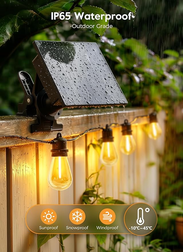 Minetom 58FT Solar String Lights Outdoor Waterproof, 17 LED S14 Shatterproof Bulb, Patio Lights with Remote Type-C Port Timable, 3 Light Modes Dimmable Solar String Lights for Outside, Yard, Camping