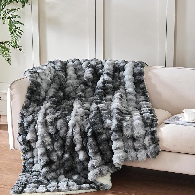 50x60 Inches Ultra-Soft Fuzzy Faux Fur Plush Throw Blanket - Thick, Warm Sherpa for Couch, Sofa, Bedroom, Camping - Decorative Blanket for Cozy Warmth, Bubble Light Grey Tie Dye