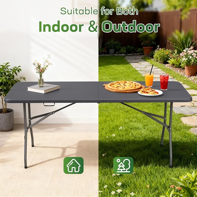 FDW 6 Foot Folding Table, Portable Plastic Table with Carrying Handle Perfect for Indoor, Outdoor, Party, Dining, Wedding, Events, Camping, Grey