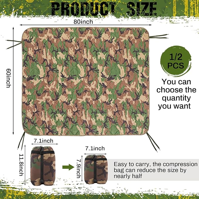 Barydat 1/2/3 Pack 80 x 60/92 x 64 Inch Woobie Blanket Military Poncho Liner Hunting Blanket Waterproof Thermal Poncho Liner with Bag Camo for Outdoor Camping Hiking