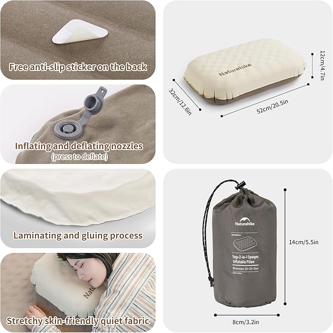 Naturehike 5.7oz Ultralight Inflatable Foam Bed Pillow, Adjustable Firmness Ergonomic Camping Pillows for Travel, Hiking, Backpacking, Home, 2024 Asia Outdoor Gear Awards