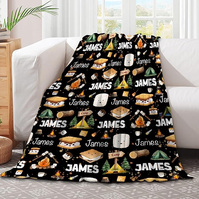 Custom Marshmallow Blanket with Name | Personalized Camping Blanket for Girls Boys | Ultra Soft Customized S'Mores Throw for Couch/Sofa/Travel/Camping Home Decor - 60"x80"-Adults/Twin Size
