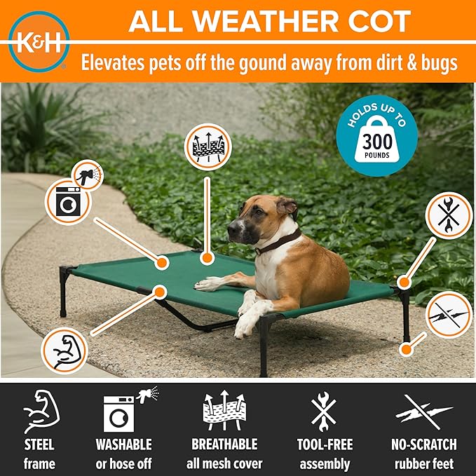 K&H Outdoor Elevated Dog Bed - Cooling Raised Dog Bed for Large & Extra-Large Pets, Breathable Mesh Hammock Design, Indoor/Outdoor Washable Cover, Portable Metal Frame, Green, XL 50x32in
