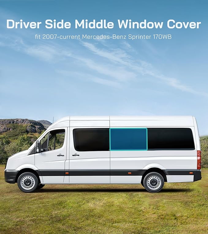 Extra-Thick Driver Middle Window Cover for Mercedes-Benz Sprinter 170WB, 2007-2026, Magnetic Insulated Blackout Sunshade, XPE Foam & Thinsulate Cotton, AllSeasonGuard Pro