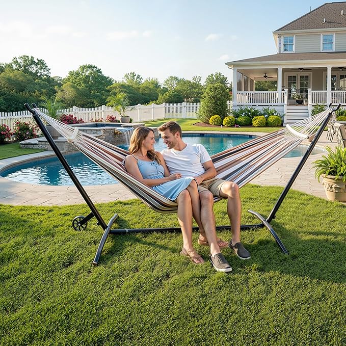 ONCLOUD Double Hammock with Spreader Bar & Heavy-Duty 9ft Steel Wheel Stand, Brazilian Hammock Set, Portable Hammock with Stand for Outside, Backyard, Camping, Includes Carry Bag, 550lb, Desert Strip