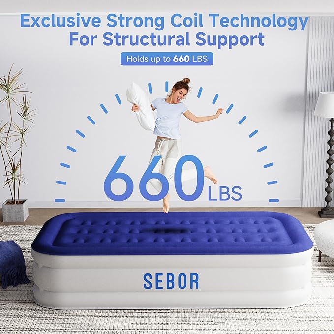 Sebor Air Mattress Twin with Built-in Pump 18", Comfortable Self-Inflating Air Mattress with High-Speed Pump, Durable Blow Up Mattress Twin with Storage Bag for Guests, Camping, Travel