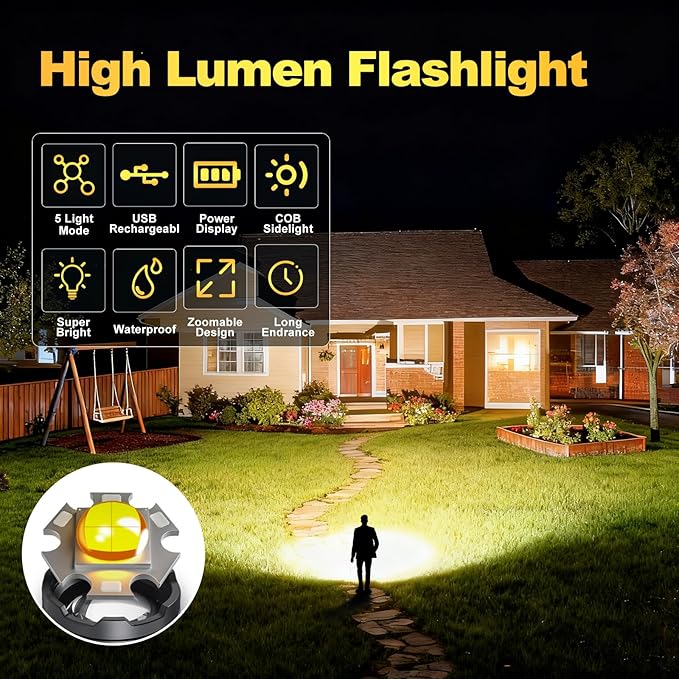 Rechargeable Flashlights High Lumens, 5 Modes Adjustable Brightness, Waterproof LED Tactical Flashlight, High Powered Handheld Flashlight for Home/Camping/Emergency (2 Pack)