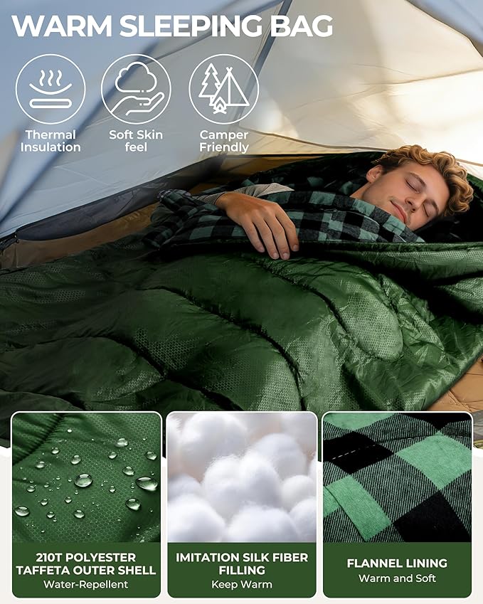 Sportneer 0 Degree Sleeping Bag for Cold Weather, XL Winter Sleeping Bag for Adults, Flannel Lined Camping Sleeping Bag, 32°F–59°F Rated, 87" x 33.5", 4.4 lbs, Detachable Hood, Compression Sack