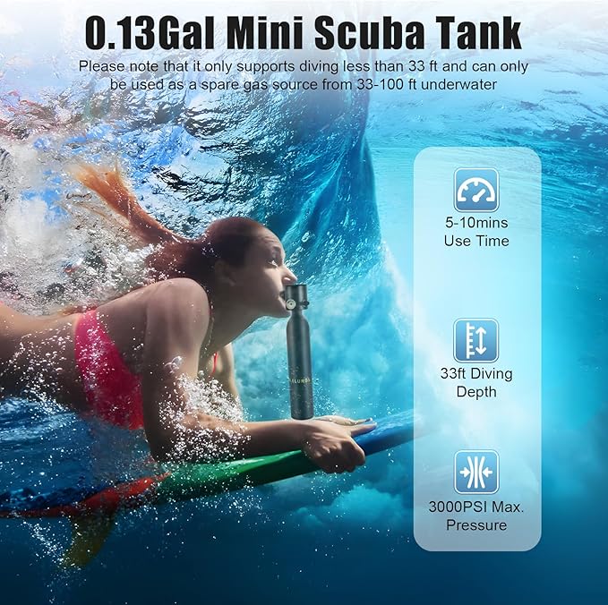 Scuba Tank Diving Gear for Diver, 0.5L Mini Scuba Tank Small Diving Oxygen Cylinder up to 10 Minutes Dive Time, Professional Diving Tank Kit for Underwater Exploration Emergency Rescue Pony Bottle