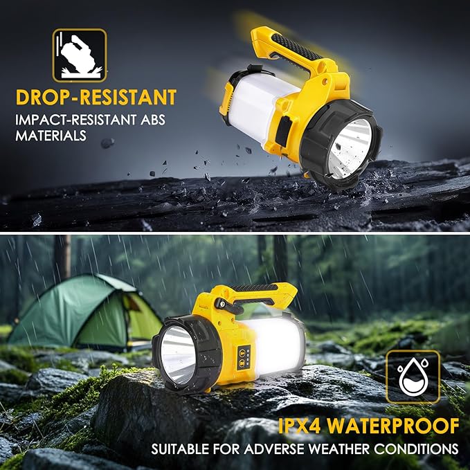 BOBKID Tripod Rechargeable Camping Lantern, 6 Modes LED Flashlight Handheld Spotlight with 4000LM, IPX4 Waterproof Searchlight Work Light for Emergency Hiking Survival Kit - Yellow