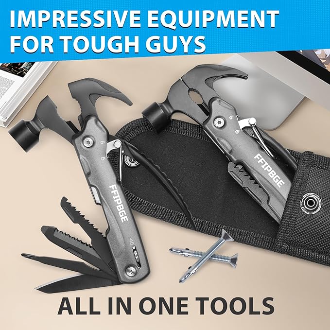 12 in 1 Hammer Multitool, Caming Mulititool with Screwdriver, Safety Lock and Durable Nylon Sheath, Christmas Stocking Stuffers for Men Adults, Birthday Gifts Survival Tools for Him, Dad, Grey