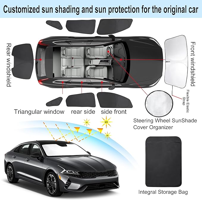 8PCS Windshield Sun Shade Custom Fit for 2021-2024 2025 2026 Kia K5, GT-Line, GT, Sedan Accessories Foldable Sunshade Side Rear Window Shade Cover Full Set Privacy Protection Keeps Car Cool