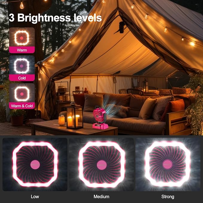 Odoland Portable Camping Fan with LED Lantern, 20000mAh Rechargeable Battery Powered Fan with Auto Oscillation, Timer, Remote, 360° Rotation Hook, 4 Speeds for Power Outage Travel Home,Pink