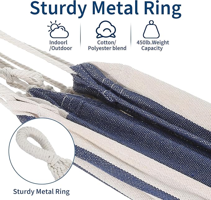 Double Hammock with Steel Stand - 2 Person Hammock Bed Indoor Outdoor, Brazilian-Style, with Carry Bag, 450lb Capacity, Portable & Easy Assembly, Blue&White