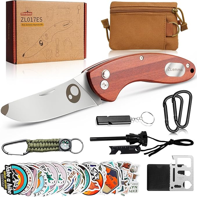 Kids Pocket Knife with Camping Survival Kit, Whistle, Fire Starter, Compass, Carabiners and Carrying Case, Easy Close Safety Lock on Knife. Outdoor Exploration Set for Kids