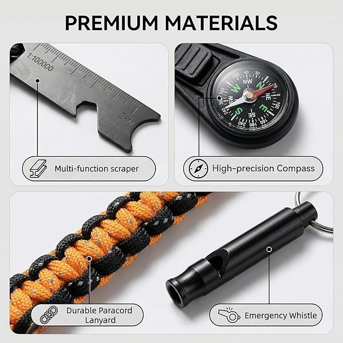 Ferro Rod Fire Starter with Compass, 3/8 Inch Thick Magnesium Ferrocerium Rod，Fire Starter Survival Tool with Multi-Tool Long Strikes, Flint Fire Starters for Camping & Hiking,Outdoor Emergency Kits.