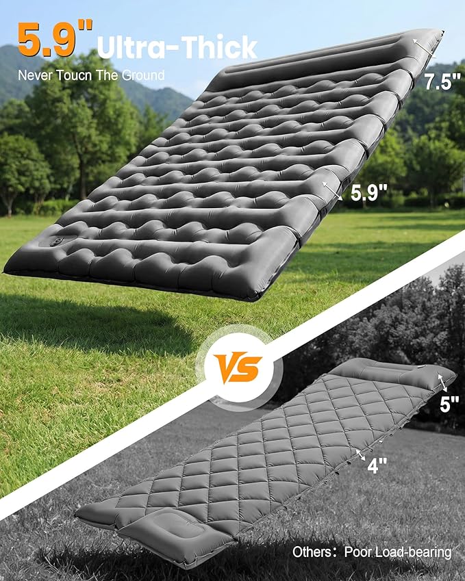 Double Sleeping Pad for Camping, 5.9 Inch Thick Self Inflating Sleeping Mat for Camping with Built in Pillow and Foot Pump, 2 Person Camping Mattress for Backpacking Hiking