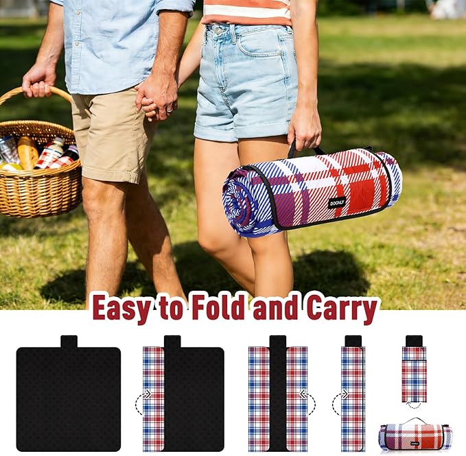 Doonly Picnic Blanket, 78" x 78" Large Waterproof Sandproof Beach Blanket, Foldable Outdoor Blanket Picnic Mat for Beach, Camping, Park, Grass, Lawn, Travel (Blue/Red/White)