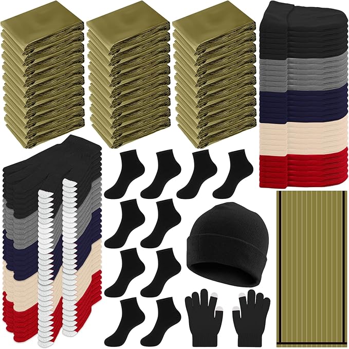Chicingyou 120 Pcs Homeless Care Package Supplies Bulk Winter Emergency Thermal Blankets Warmer Beanie Socks Touchscreen Gloves for Men Women Cold Weather Outdoor Survival Kits(Green,Multicolor)