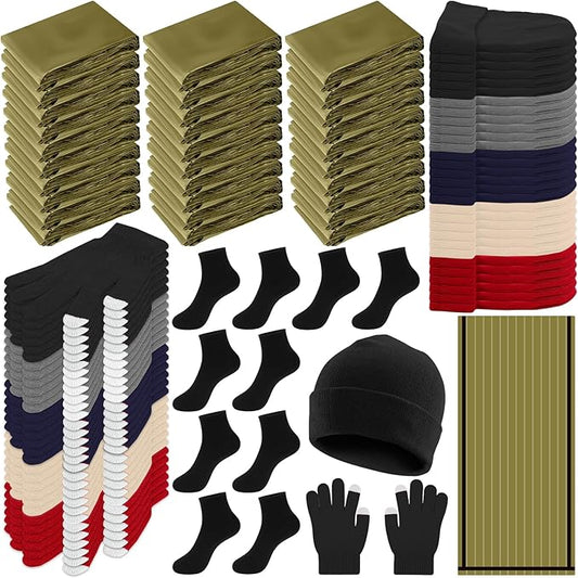 Chicingyou 120 Pcs Homeless Care Package Supplies Bulk Winter Emergency Thermal Blankets Warmer Beanie Socks Touchscreen Gloves for Men Women Cold Weather Outdoor Survival Kits(Green,Multicolor)