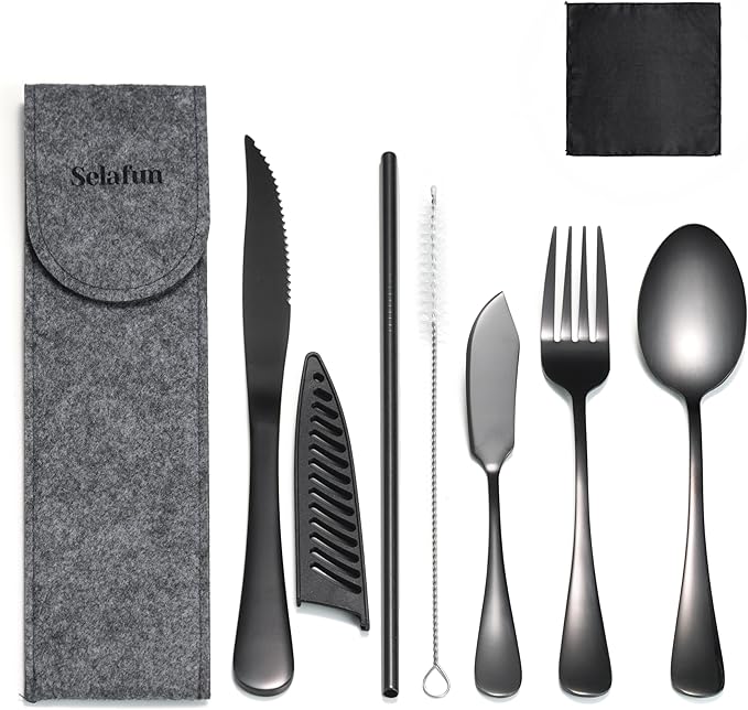 Travel Utensils with Case, Portable Travel Silverware Set Stainless Steel Lunch Box Cutlery Set for Work, Camping, Picnic, Hiking, Office (Black)