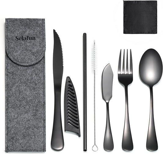 Travel Utensils with Case, Portable Travel Silverware Set Stainless Steel Lunch Box Cutlery Set for Work, Camping, Picnic, Hiking, Office (Black)