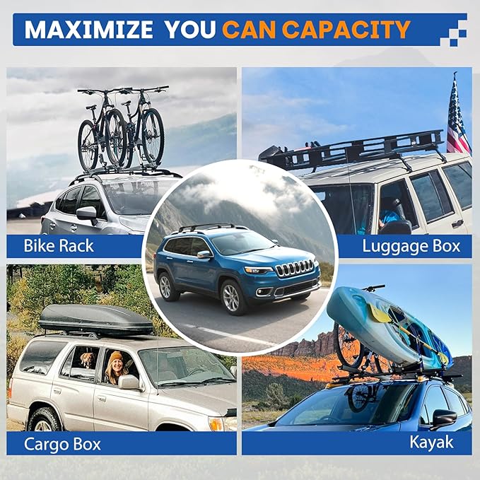 300LBS Roof Rack Cross Bars Compatible with Jeep Cherokee 2014-2023 Heavy-Duty Aluminum Crossbars Roof Rails Rooftop Cargo Basket Carrier Bag Luggage Canoe Kayak Bike