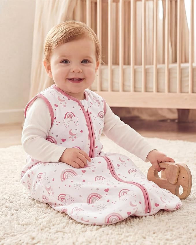 Baby Sleep Sack 12-18 months, 100% Cotton Sleeping Sack for Toddler, 3 Pack Baby Wearable Blanket, 0.5 Tog Lightweight Double Zipper Sleep Bag Large Pink Rainbow