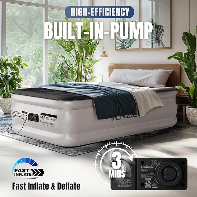 KNZZO Twin Air Mattress with Built-in Pump, 18" Top Inflatable Mattress with Waterproof Flocking Fabric, Three-Minute Quick-Inflatable Bed. Portable Blow Up Mattress for Home, Outdoor and Guests