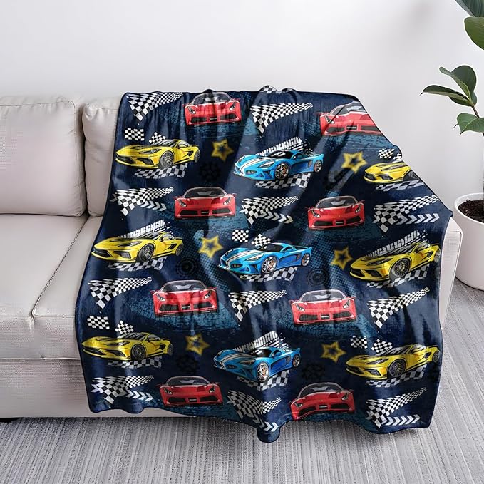 Car Blanket, Racing Car Flannel Blanket for Boys, Race Track Themed Room Decoration for Adult, Christmas Thanksgiving Soft Cozy Gifts for Game Lover 50 * 60 Inches
