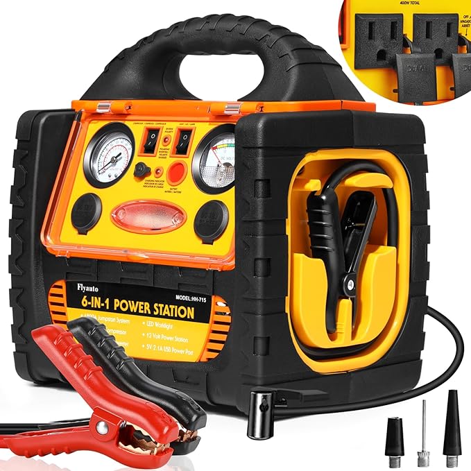 6 in 1 Jump Starter with Air Compressor 150 PSI Tire Inflator,Upgraded 1800A Peak 12V Portable Car Battery Jump Starter,400 Watt Inverter Power Station with AC/DC/USB Outlets (8.0L Gas/6L Diesel)