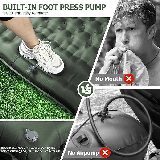 Toncoke 5.1" Thick Double Sleeping Pad with Foot Pump & Pillow, 77.5x53.9 2-Person Air Mattress for Camping, Ultralight & Compact for Backpacking, Hiking, Car Travel，Military Green