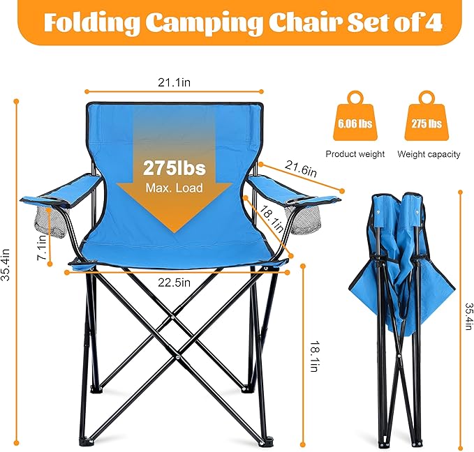 HaSteeL Camping Chairs 4 Pack, Oversized Folding Chair with Cup Holders for Adults, Portable Chair & Carry Bag for Outdoor Backyard, Beach, Lawn, Patio, Picnic, Fishing, Oxford Fabric & Heavy Duty