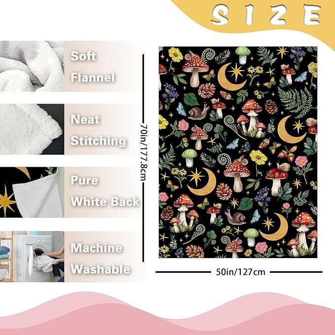 Mystical Forest Mushroom Flannel Throw Blanket, Fairy Tale Cottagecore Moon Star Men Women Adults Teen Kids Birthday Gifts, Witchy Boho Botanical Soft Blankets for Bedding Sofa 50" x 70"
