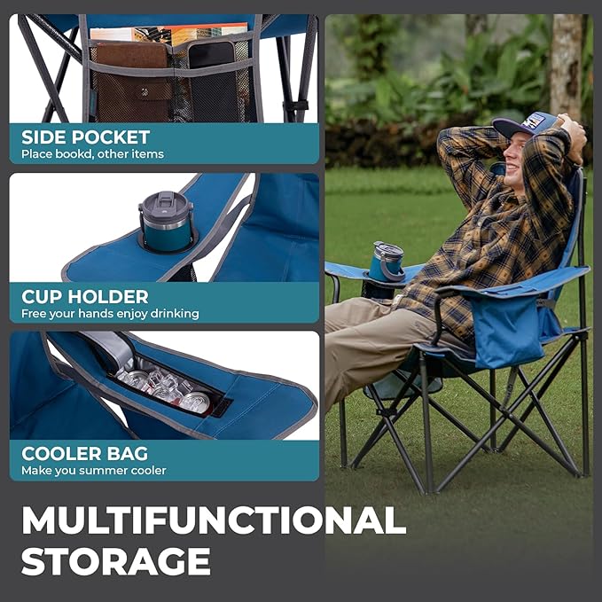 FUNDANGO Oversized Camping Chairs for Adults, Heavy Duty Fold Up Sports Games Lawn Chairs, Extra Wide Big Man Outdoor Chairs with Padded Lumbar Support Backrest, Bag Included for Camp, Beach, 2 Pack