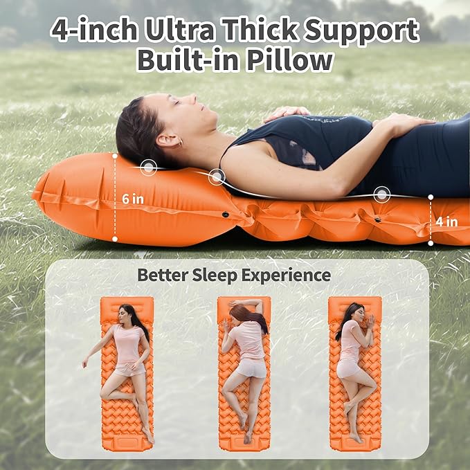 Sleeping Pad for Camping - 4” Thick Inflatable Camping Mat with Built-in Pump & Pillow, Ultralight Self Inflating Camping pad, Backpacking Sleeping Mat for Hiking, Tent, Traveling